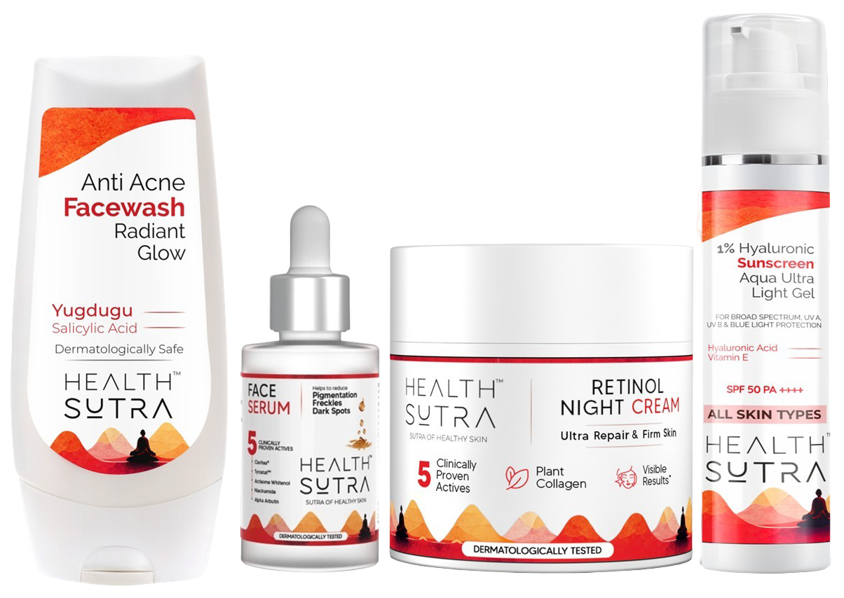 Advanced Daily Skin Health Kit with Anti Acne Facewash, Hyaluronic Sunscreen, Face Serum, Retinol Night Cream